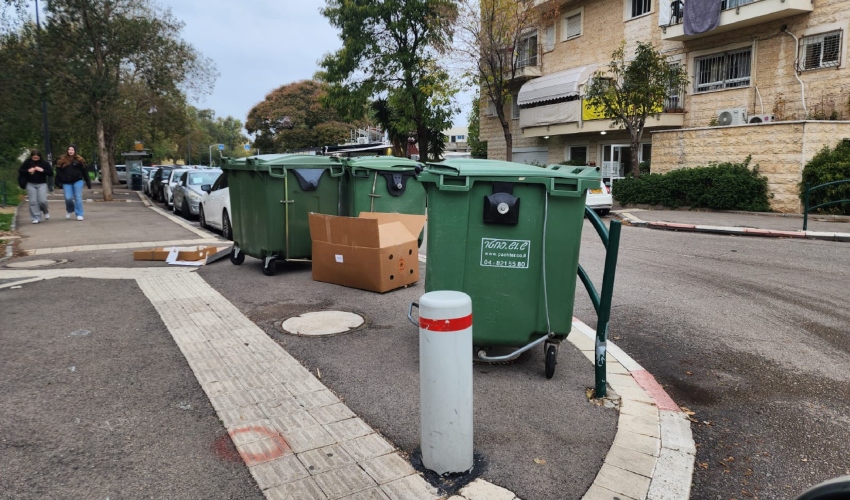 פחי האשפה שחוסמים את שדה הראייה בפנייה מרחוב דרור לרחוב צה"ל (צילום: בועז כהן)